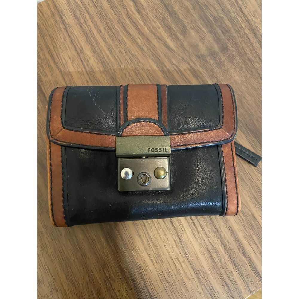 Fossil Vintage Reissue Wallet Brown Black Trifold Card Genuine Leather Zip 5"